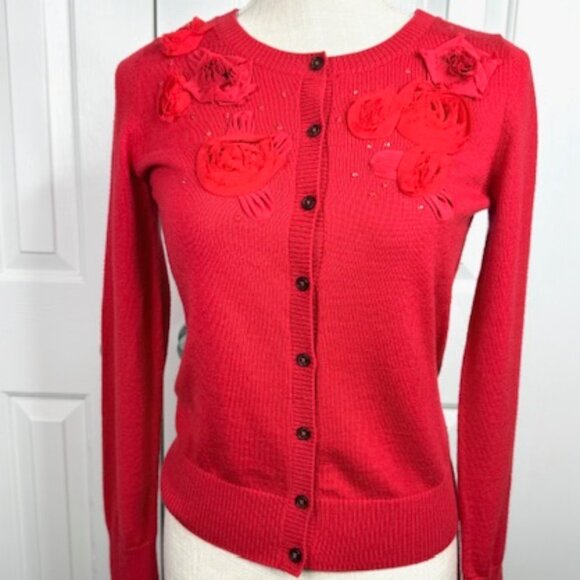 Fancy Red Cardigan with Fabric Florals and Crystal Detail - Picture 2 of 9